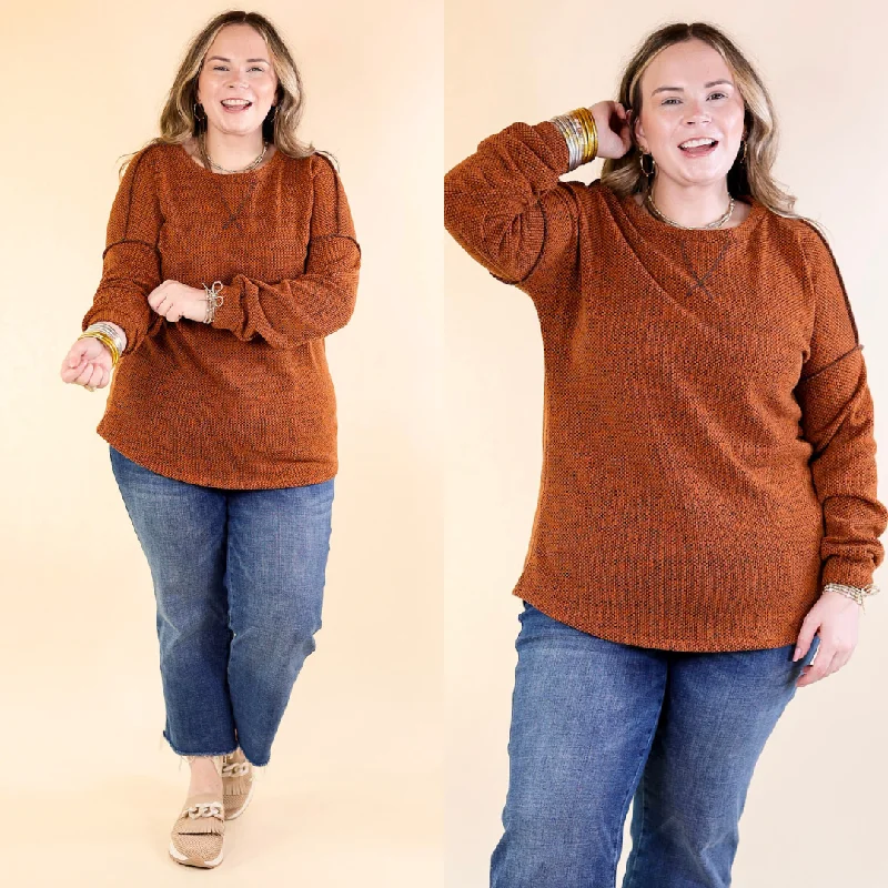 Fall Festival Long Sleeve Knit Top with Hem Detailing in Rust Orange Branded Knit Top