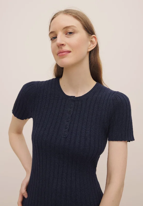 Henley Knit Top - Navy Marle Modern Knit Blouse