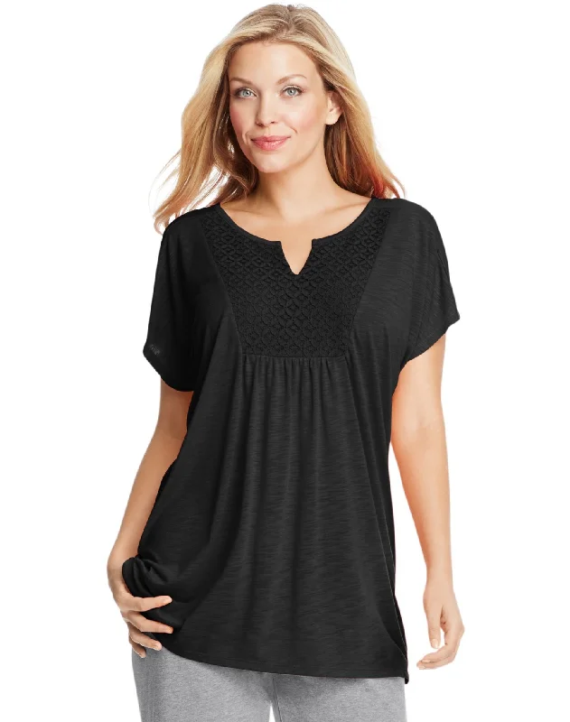 Just My Size Womens Short-Sleeve Slub-Jersey Tunic with Split V-Neck Crochet Bib Yoke Lightweight Jersey Top