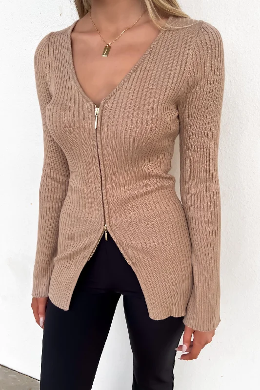 Kaia Zip-Front Knit Top Mocha Fashion Knit Shirt