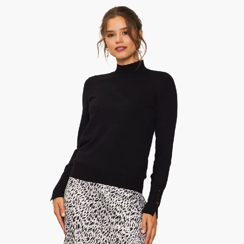 Long Sleeve Mock Neck Cuff Button Detail Knit Top (Black) Limited Edition Knit Top