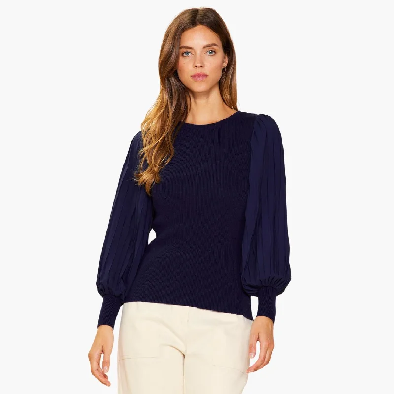 Mixed Media Long Pleated Sleeve Knit Top (Navy) Handmade Knit Blouse