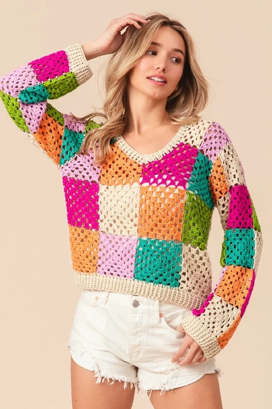 Multi Color Checkered Long Sleeve Knit Top Maximalist Knit Tee