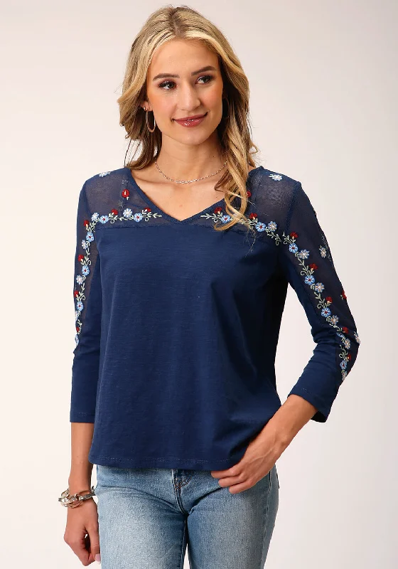 Roper Womens Floral Slub Jersey Navy 100% Cotton 3/4 Sleeve S/S Tunic Mint Green Jersey Tee