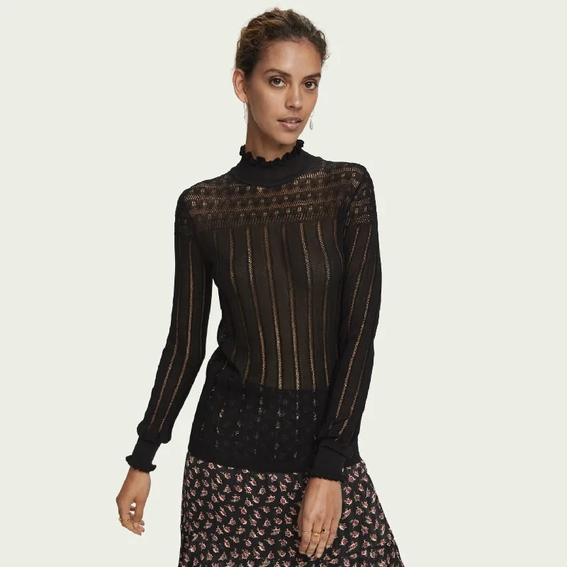 Sheer Long Sleeve Layering Knit Top (Black) Textured Knit Blouse