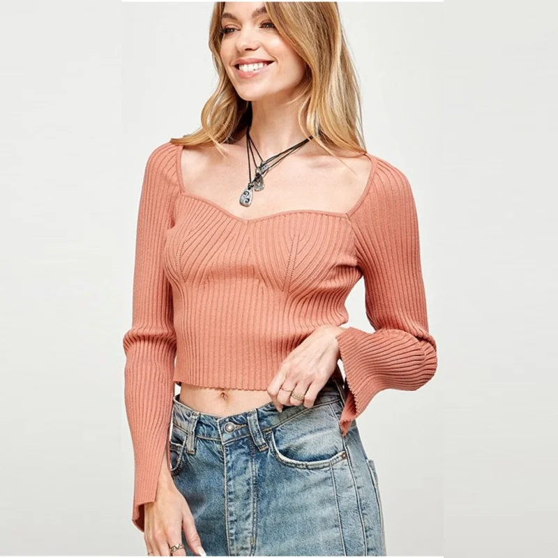 Square Neck Line Knit Top with Sleeves Slits (Sienna) Silk Knit Top