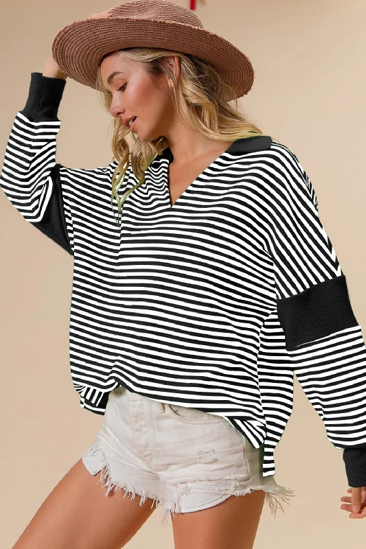 Striped Contrast Long Sleeve Knit Top Minimalist Knit Blouse