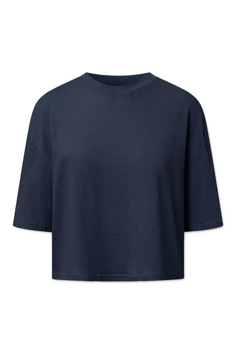 TORI LIGHT LINEN JERSEY - NAVY Geometric Jersey Top