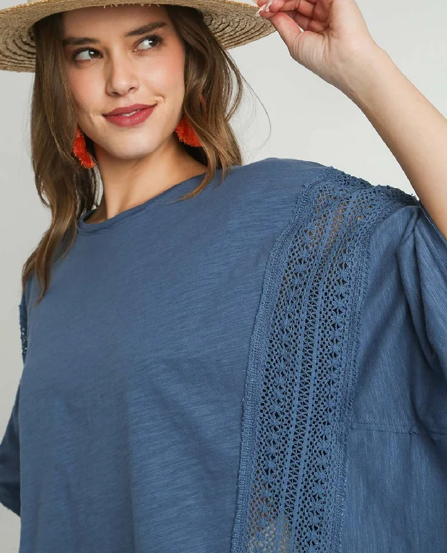 Slub Cotton Knit Top with Lace Trim Bohemian Knit Top