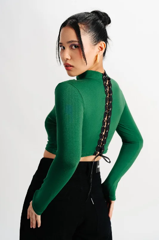 Cropped Long Sleeve Green Knit Top Navy Blue Knit Tee