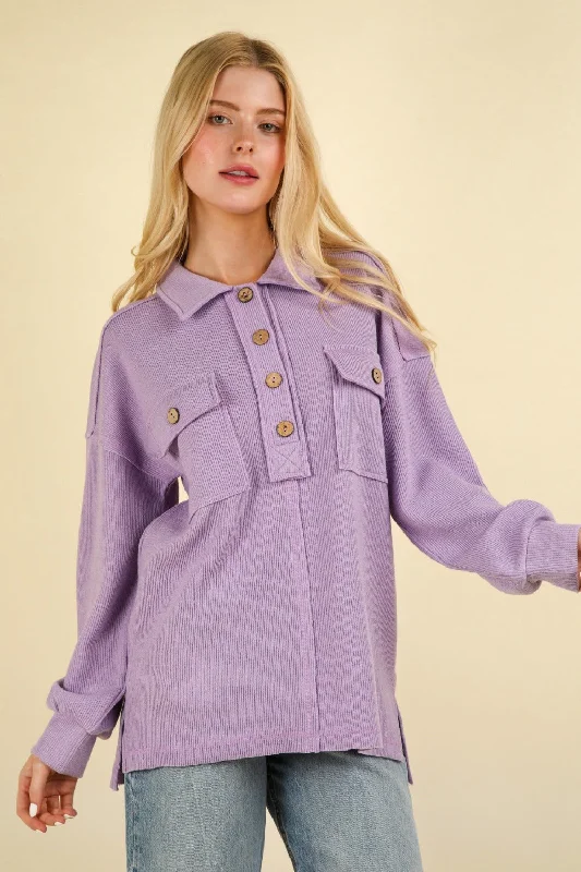 Orchid Collared Half Button Knit Top with Pockets Sophisticated Knit Shirt