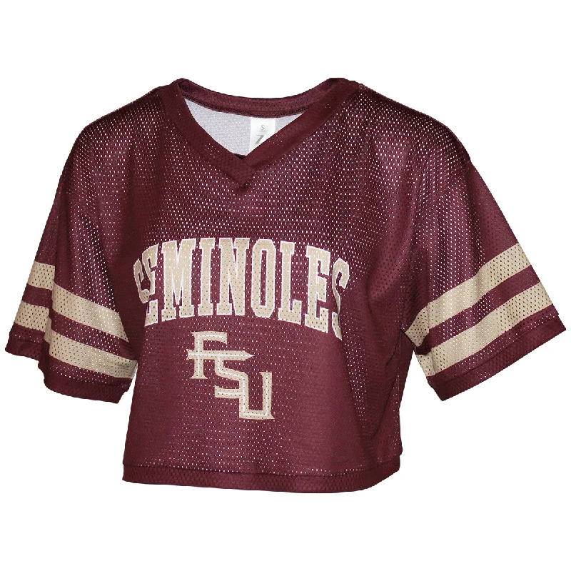 ZooZatz Women's Seminoles/Stacked FSU V-neck Crop Mesh Jersey - Garnet/Gold Travel Jersey Tee