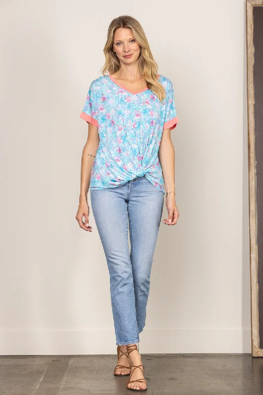 AQUA FLORAL PRINT V-NECK SHORT SLEEVES KNIT TOP B5140 Autumn Knit Shirt