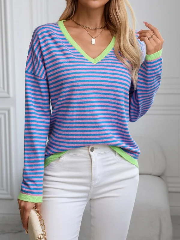 Contrast Trim Striped V-Neck Long Sleeve Knit Top Minimalist Knit Blouse