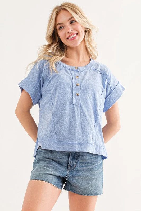 DENIM BLUE HENLEY SHORT SLEEVES KNIT TOP TIC12667 Summer Knit Top