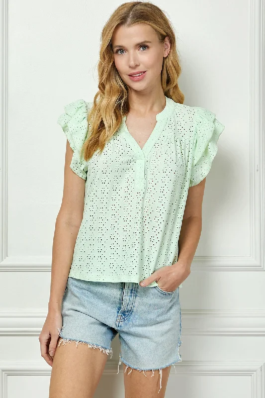 MINT V-NECK RUFFLE SLEEVES EYELET KNIT TOP AVT51002K Fashion Knit Shirt