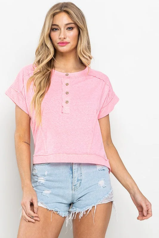 PINK HENLEY SHORT SLEEVES KNIT TOP TIC12667 Linen Knit Blouse