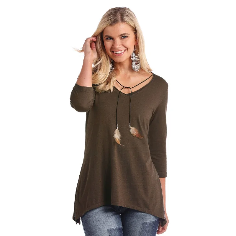 Panhandle Feather Tie Women's Brown Knit Top Modern Knit Blouse