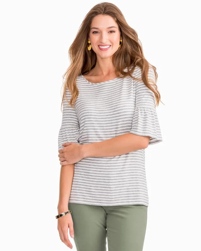 Southern Tide Heather Grey Ruffle Sleeve Stripe Knit Top Daily Wear Knit Tee