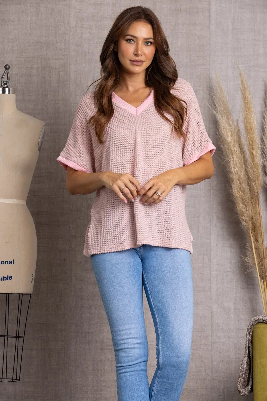 PINK- V-NECK DOLMAN SHORT SLEEVES KNIT TOP-T7879 Asymmetrical Knit Blouse