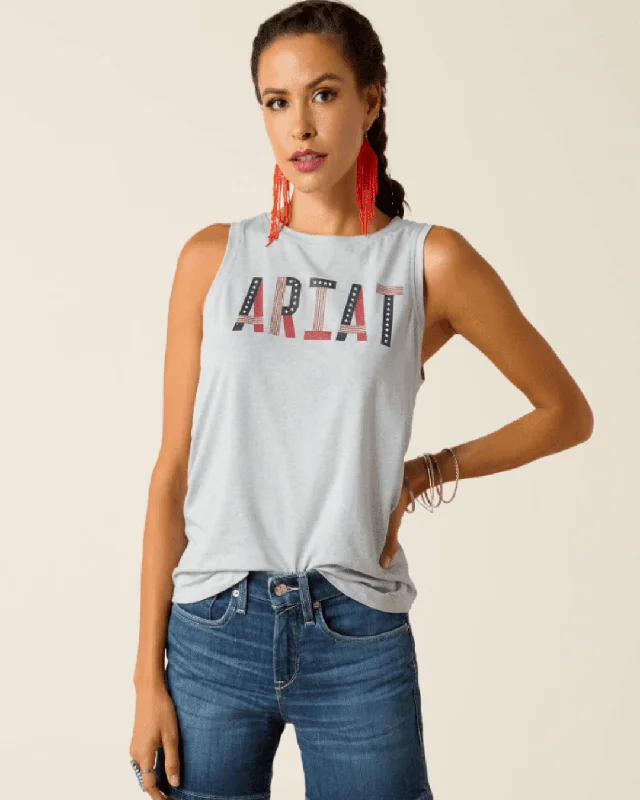 Ariat Women's Chambray Blue American Pride Sleeveless Tee 10051296 Cotton Fabric Linen Fabric Terry Fabric