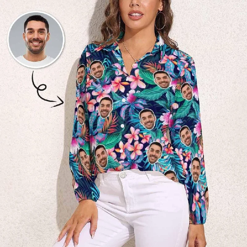 Custom Face Flower Vntage Casual Long Sleeve Hawaiian Shirts Terry Blend Velvet Blend Canvas Blend