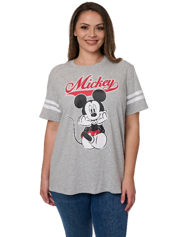 Women's Plus Size Mickey Mouse T-Shirt Striped Sleeve Varsity Disney Gray Zippered Front Buttoned Front Snap Front