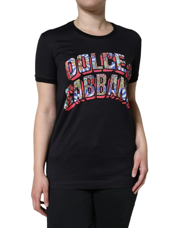 Dolce & Gabbana Black Cotton Logo Print Round Neck T-shirt Cashmere Blend Cotton Blend Poly Blend