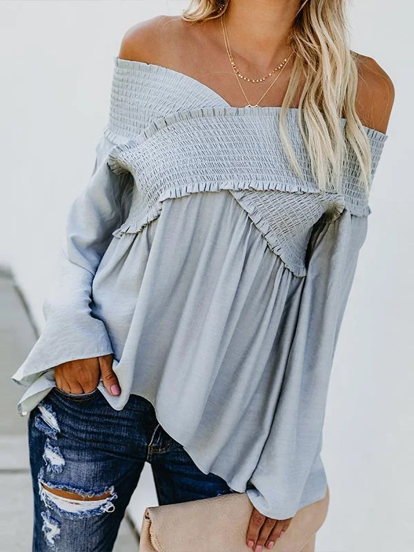 hoombox Elastic Off Shoulder Long Flare Sleeve Plain Pleated Loose T-Shirts Fleece Nylon Spandex