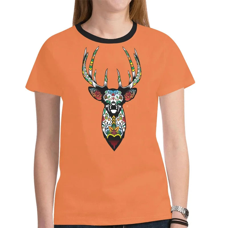 Elk Spirit Guide (Orange) T-shirt for Women Graphic Embroidered Appliqued