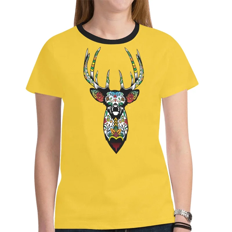 Elk Spirit Guide (Yellow) T-shirt for Women Lace Blend Ribbed Blend Corduroy Blend