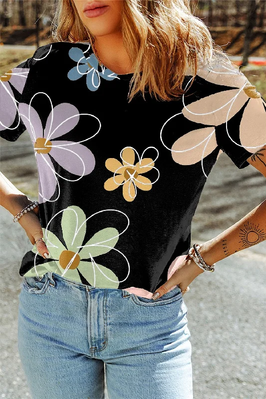 Flower Print Black Ladies T-Shirt Front Pockets Side Pockets Patch Pockets