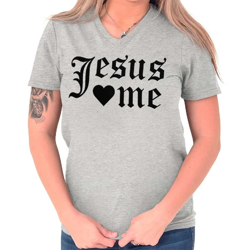 Jesus Hearts Me V-Neck T-Shirt Ribbed Striped Patterned