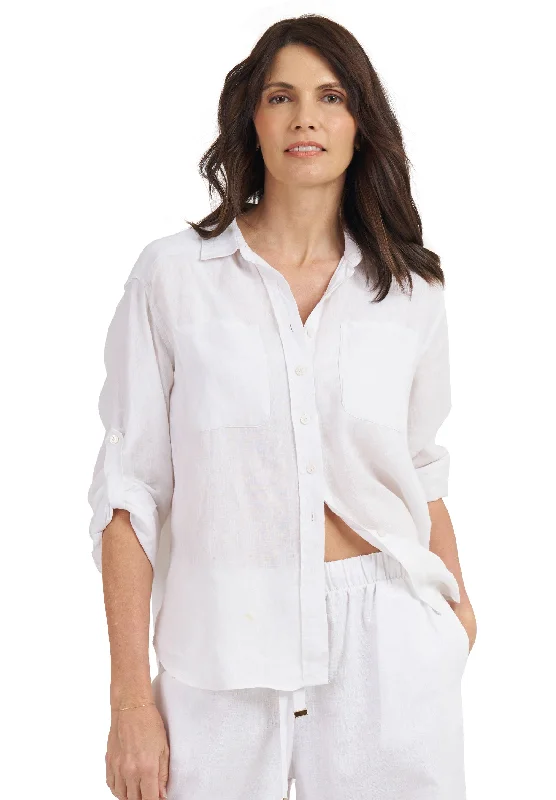 Luna White Oversized Linen Shirt with Pockets Mesh Blend Leather Blend Suede Blend