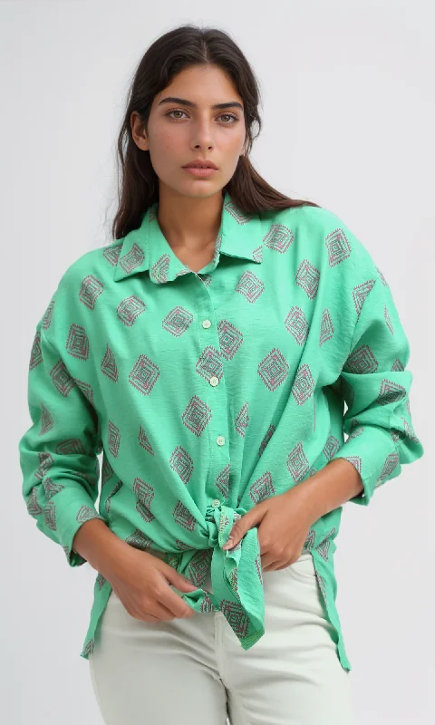 O193473 Green Summer Long Sleeve Slef Patterned Shirt Thin T-Shirt Open Front Quick Dry