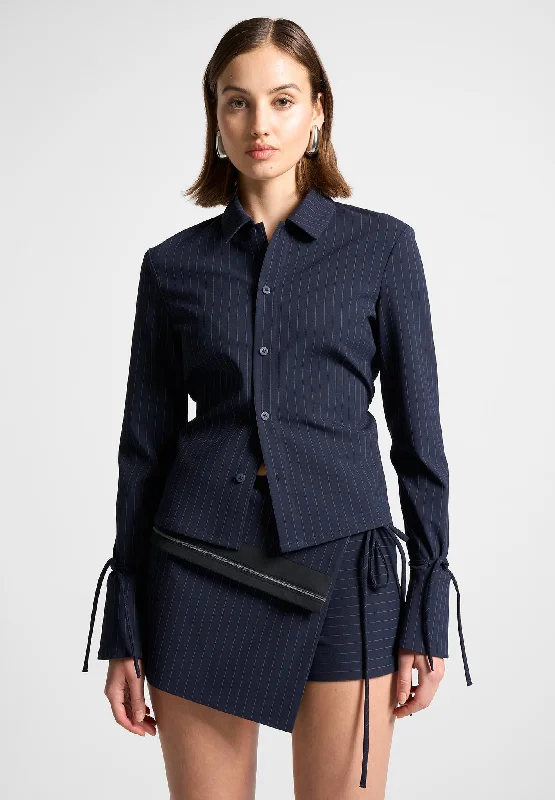 Pinstripe Cinch Tailored Shirt with Ties - Navy Lace Blend Ribbed Blend Corduroy Blend