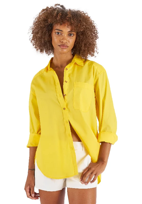 Poppy-Cotton Yellow Oversized Cotton Shirt Beaded Sequined Faux Fur