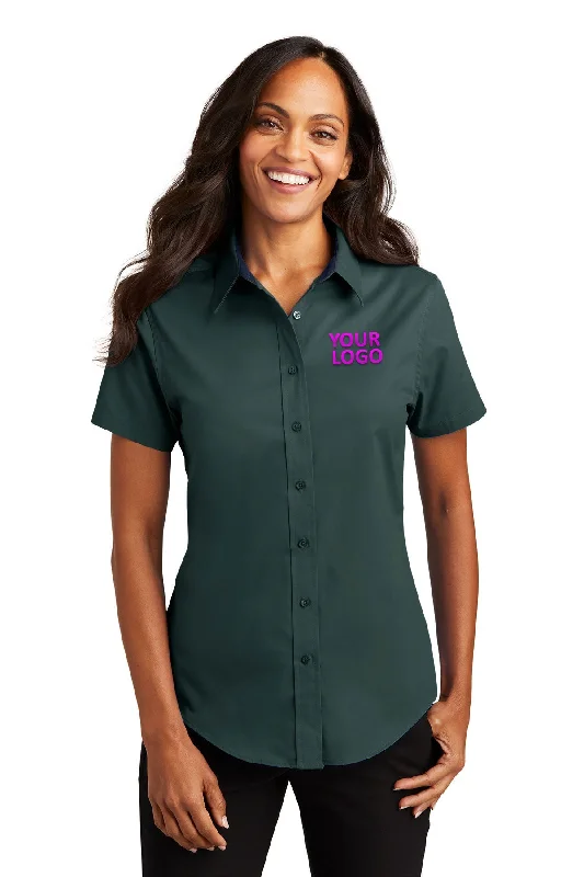 Port Authority Ladies Short Sleeve Easy Care Custom Shirts, Dark Green/Navy Solid Color Striped Floral