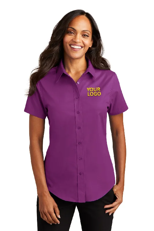 Port Authority Ladies Short Sleeve Easy Care Custom Shirts, Deep Berry Lace Blend Ribbed Blend Corduroy Blend