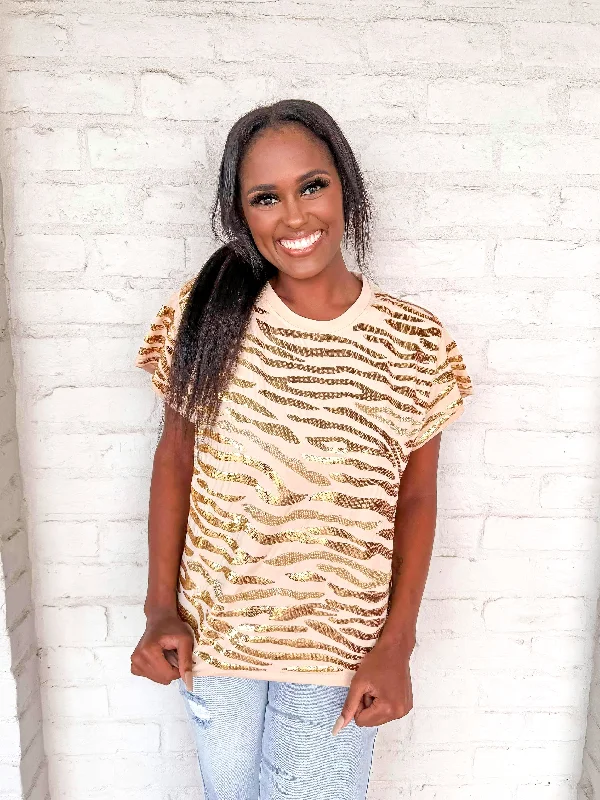 Queen Of Sparkles Beige & Gold Metallic Seed Bead & Sequin Tiger Stripe Tee Nylon Fabric Polyester Fabric Spandex Fabric