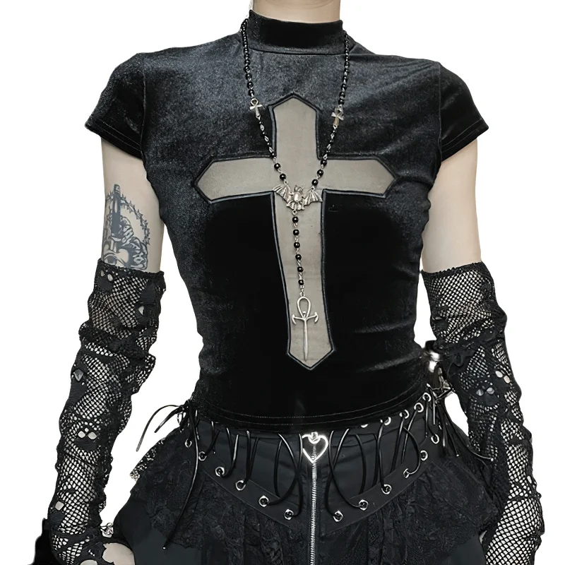 Sexy Punk Black T-shirts with Sheer Cross / Fashion Alternative Clothes Chenille Blend Fleece Blend Nylon Blend