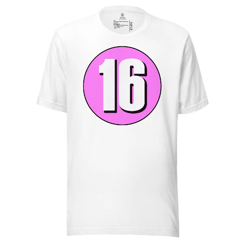 Unisex t-shirt: White on Pink 16 Sequined Glittery Shiny