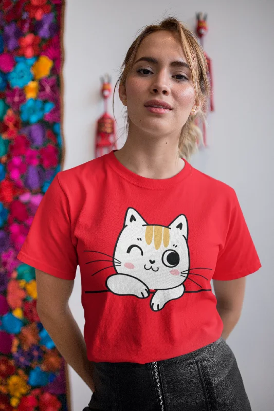 Women Round Neck Red T Shirt Cute Cat Solid Color Striped Floral