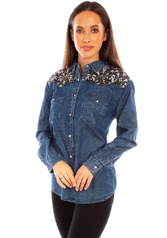 Scully Leather Womens Denim Western Button-Down Shirt Satin Blend Silk Blend Wool Blend