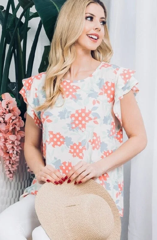 Womens Summer Cap Sleeve Floral Shirt, Plus Sizes 1xl/2xl/3xl, Coral/Blue Print Jacquard Patchwork