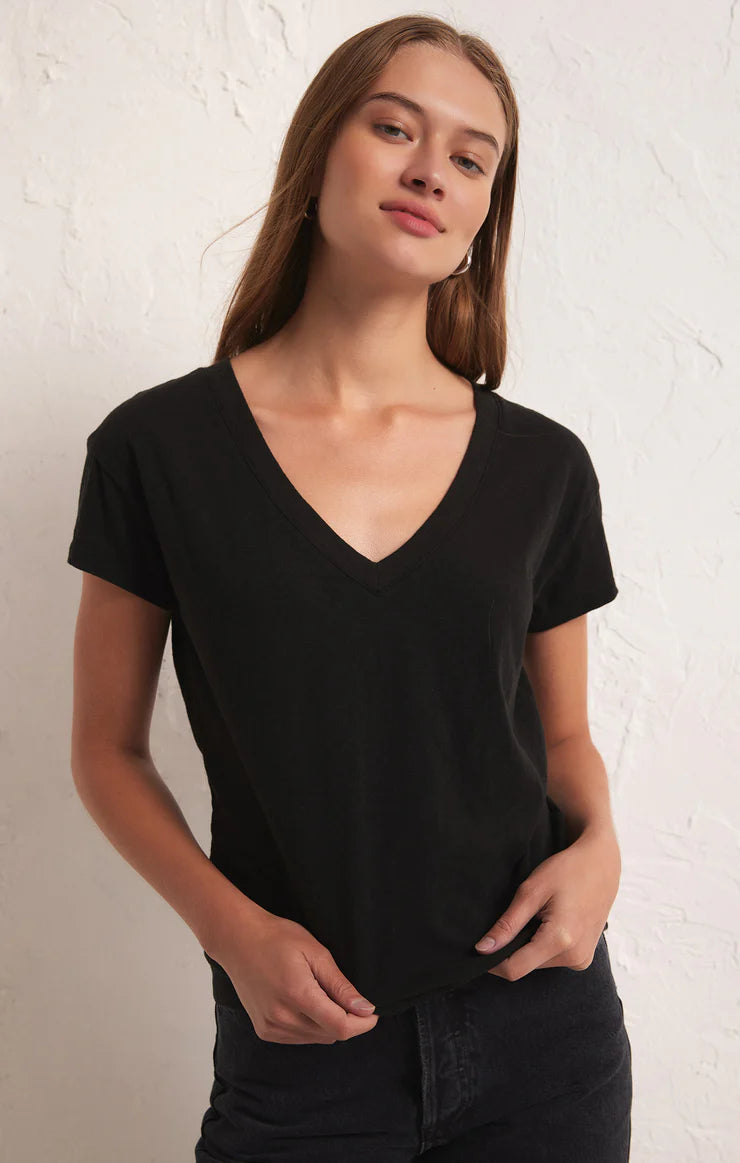 Z-Supply Modern V-Neck Tee - BLACK Ribbed T-Shirt High Neck Heavyweight