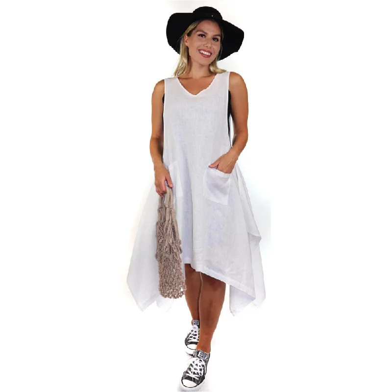 Linen & Gauze Asymmetrical Sleeveless Linen White Dress (Women's) Crew Neckline Sporty