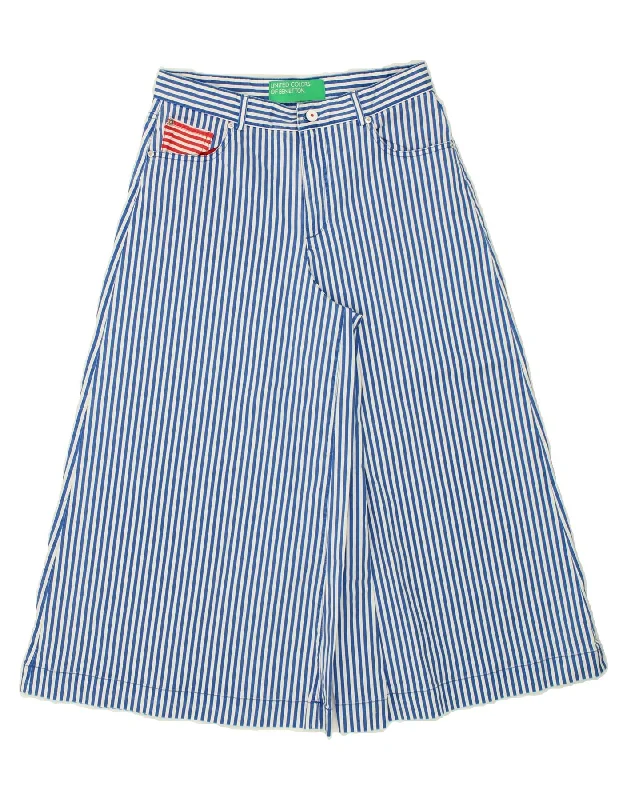 BENETTON Womens High Waist Wide Leg Capri Trousers W30 L23 Blue Striped Trousers Wedding White