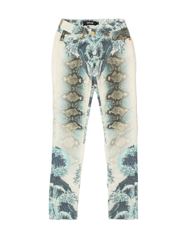 JUST CAVALLI Womens Straight Casual Trousers  W26 L30 Blue Animal Print Trousers Sale Discount