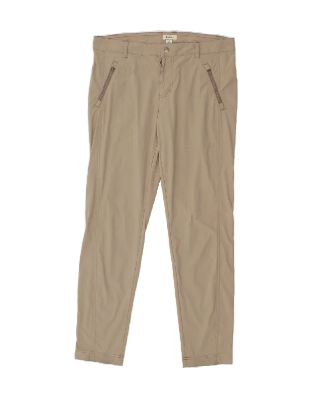 L.L.BEAN Womens Slim Casual Trousers US 10 Large W32 L30 Beige Cotton Trousers Leather Faux